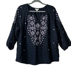 J.Jill embroidered navy bohemian notch neck blouse L